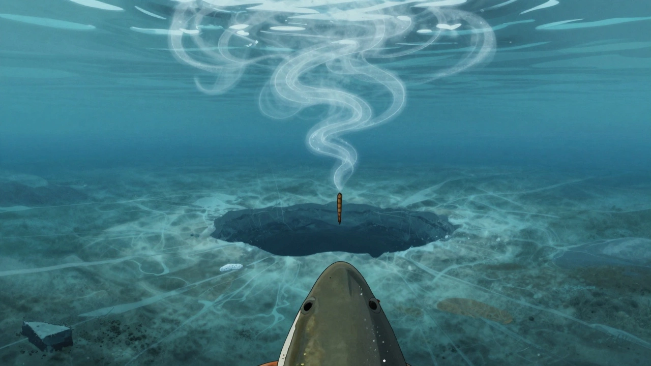 Рыба видит в воде опасные химические следы от человека, в то время как естественная наживка опускается вниз.