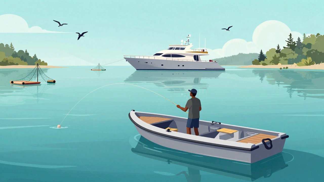 Рыбак в шлюпке ловит рыбу у яхты в тихой бухте