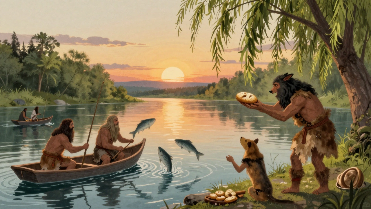 Рыбаки совершают ритуал у реки, предлагая хлеб воде.