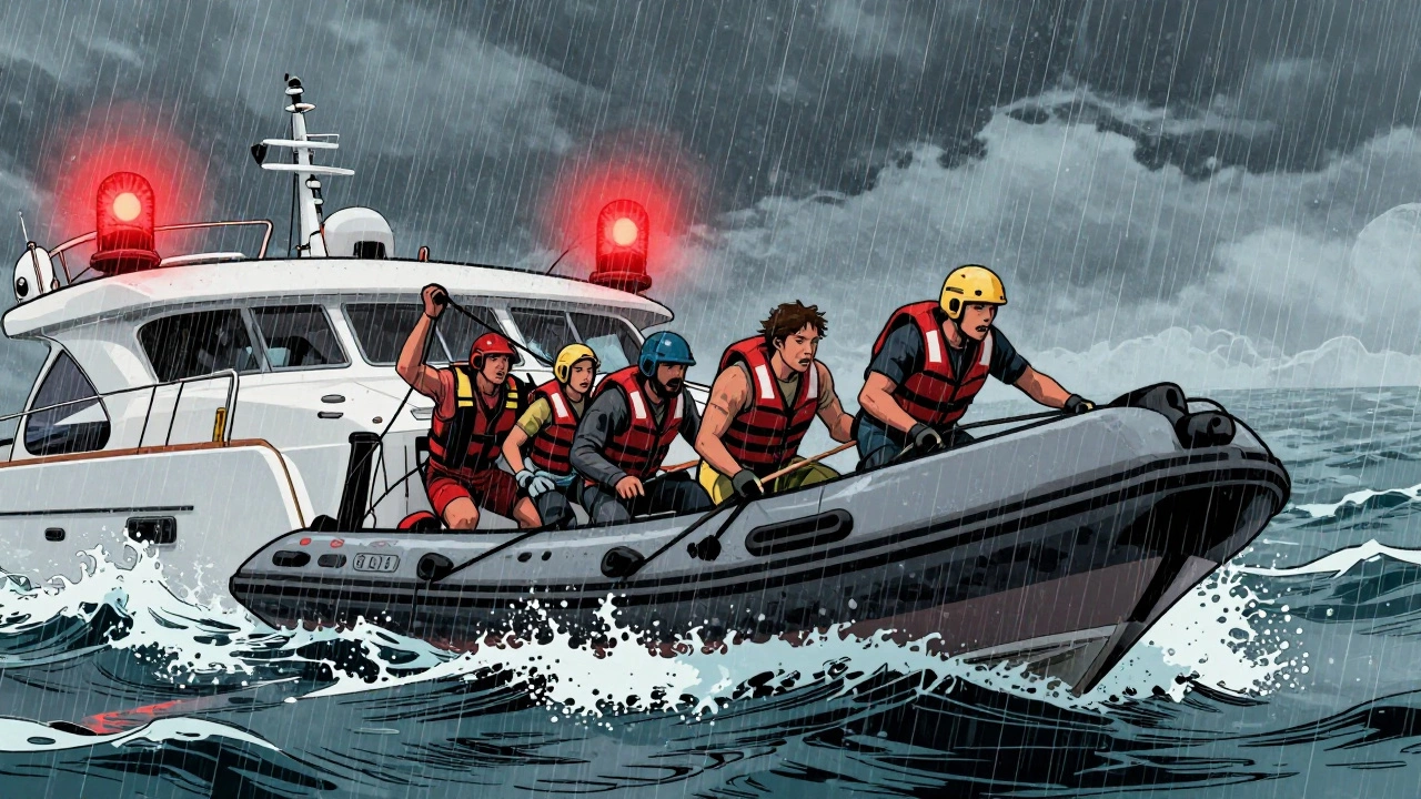 Спасательная шлюпка спускается в бурное море во время шторма