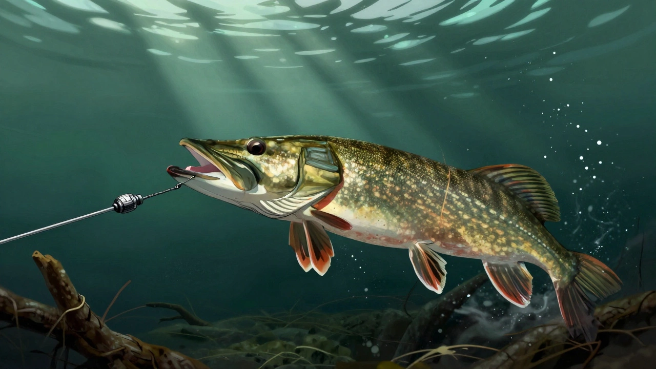 Щука резко дергает леску, узел Тирадс 3 надежно удерживает поводок в водной стихии.