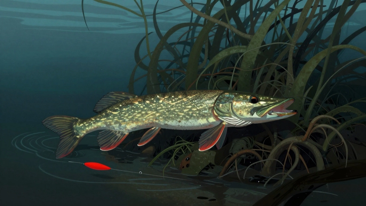 Щука затаилась среди водорослей, ожидая добычу у дна.