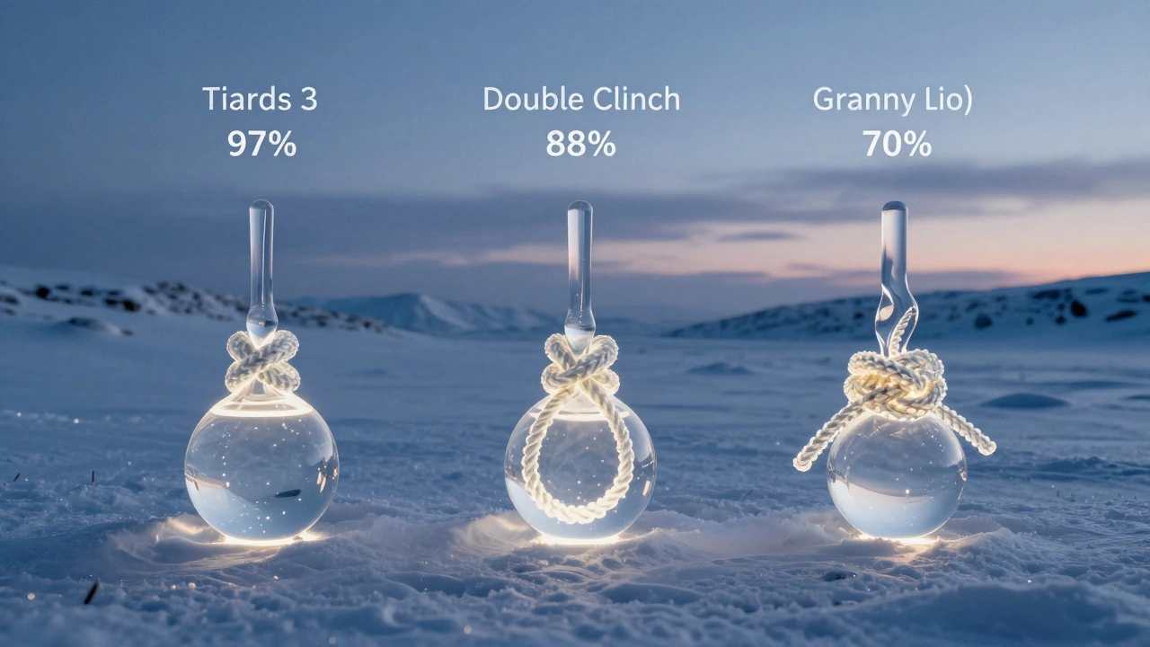 Три рыболовных узла в виде стеклянных скульптур, показывающих разную прочность, на фоне тайги.