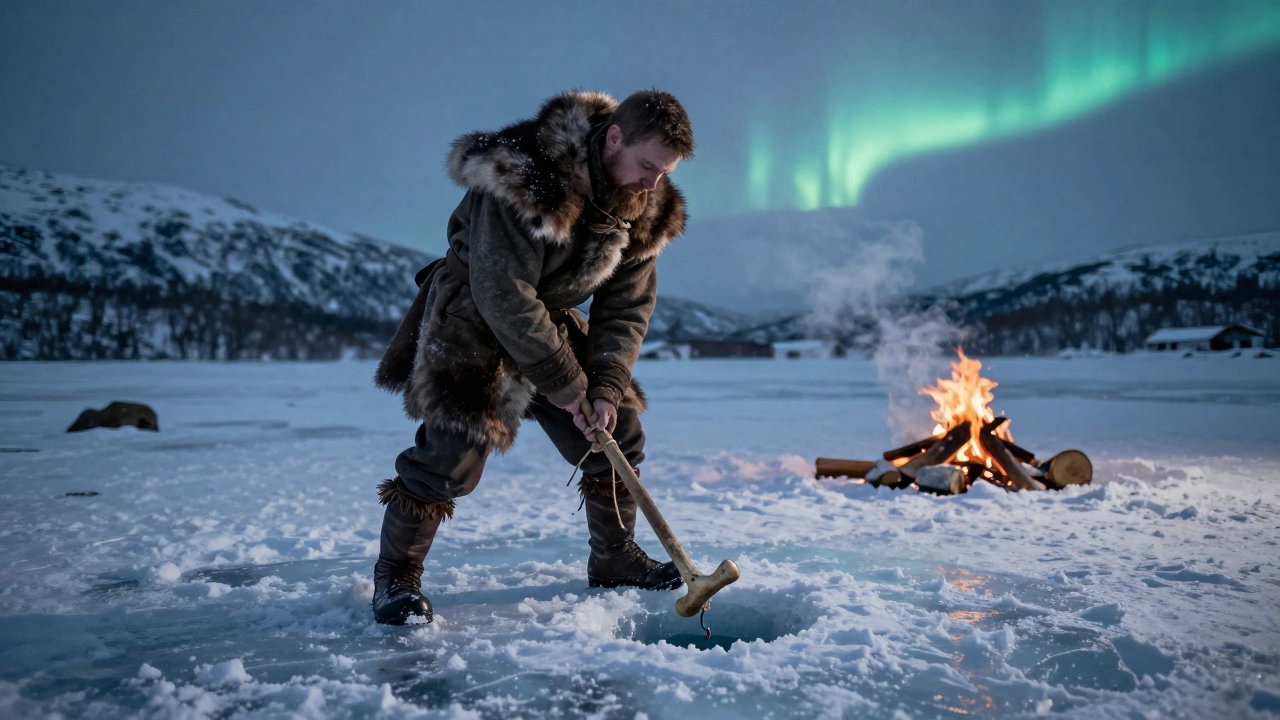 Викинг ловит рыбу через ледяную брешь в снежной Скандинавии при северном сиянии.