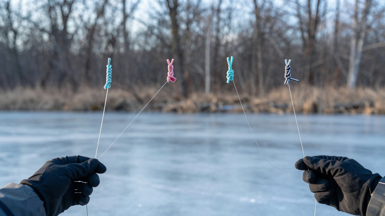 Четыре рыболовных узла парят над льдом, соединённые нитями с руками, которые их развязывают.