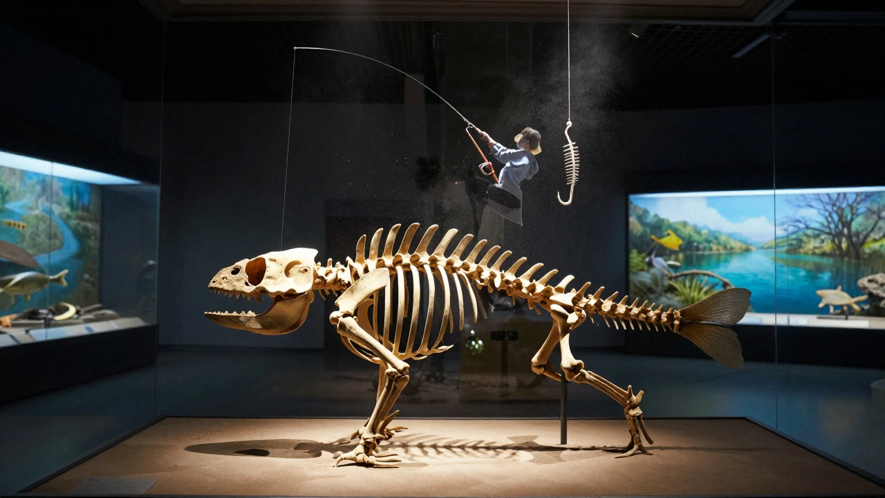 Фоссилия акантофигии в музее, с прозрачным наложением современного рыбака, символизируя эволюцию рыбалки.