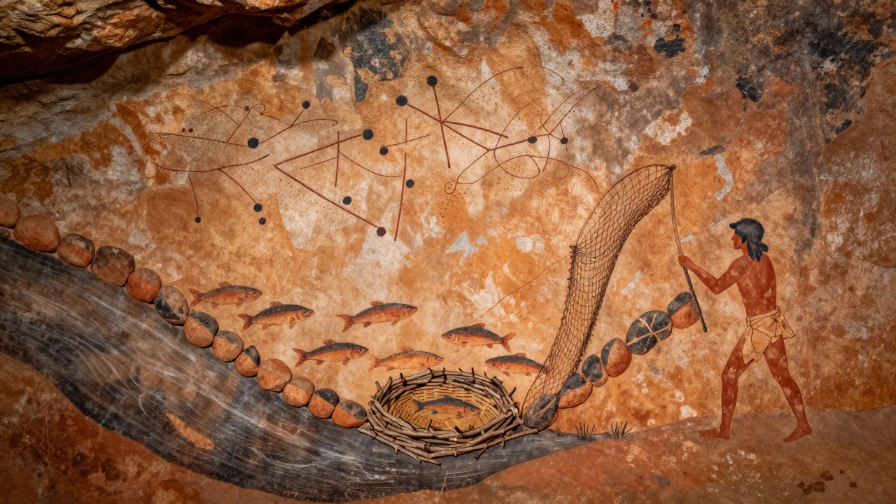 Каменная ловушка в реке, направляющая рыбу в корзину, схемы на скале.