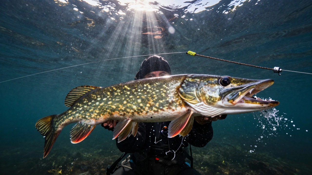 Крупная щука рвется в воде, леска с узлом Гриннер натянута под огромным напряжением.