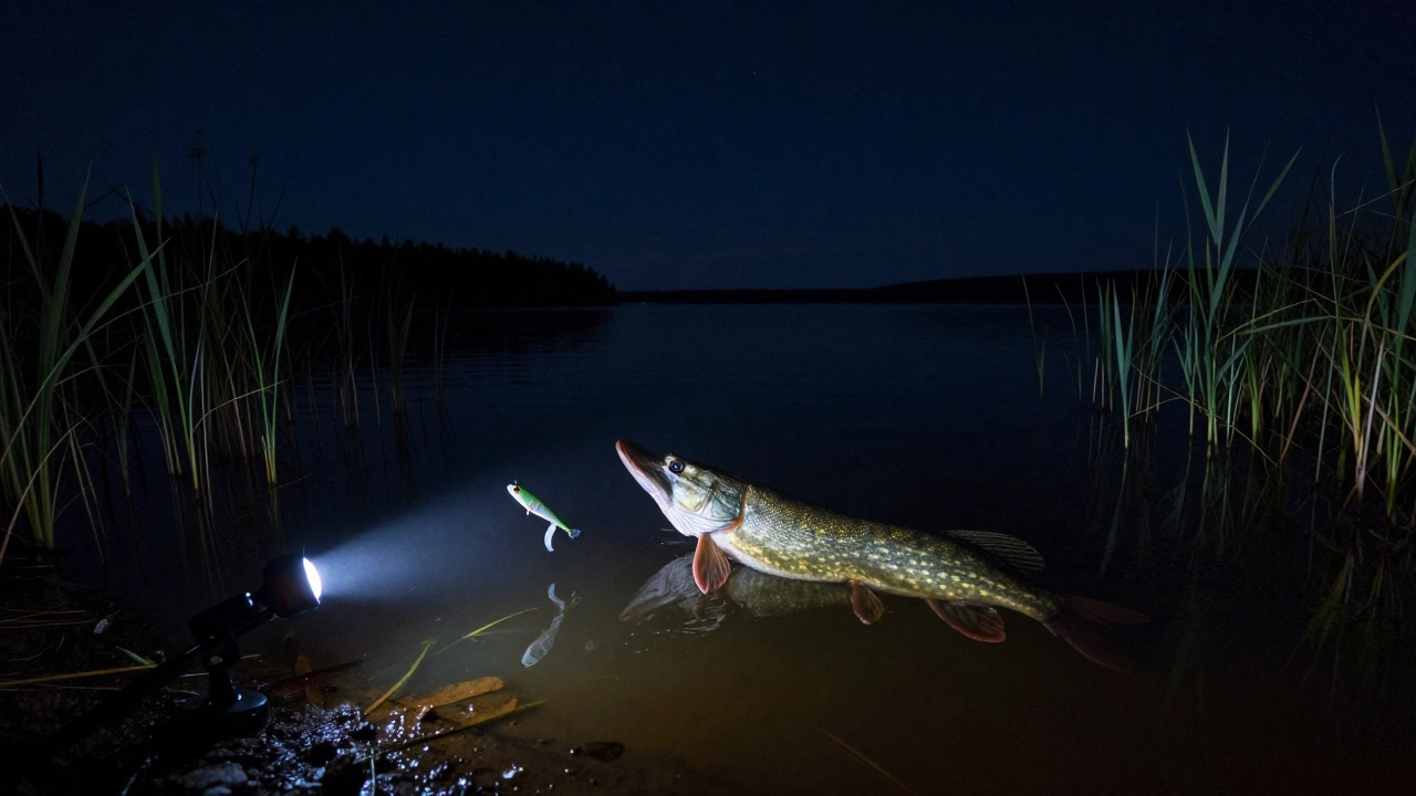 Ночная рыбалка: щука атакует тяжёлый джиг в тёмной мутной воде.