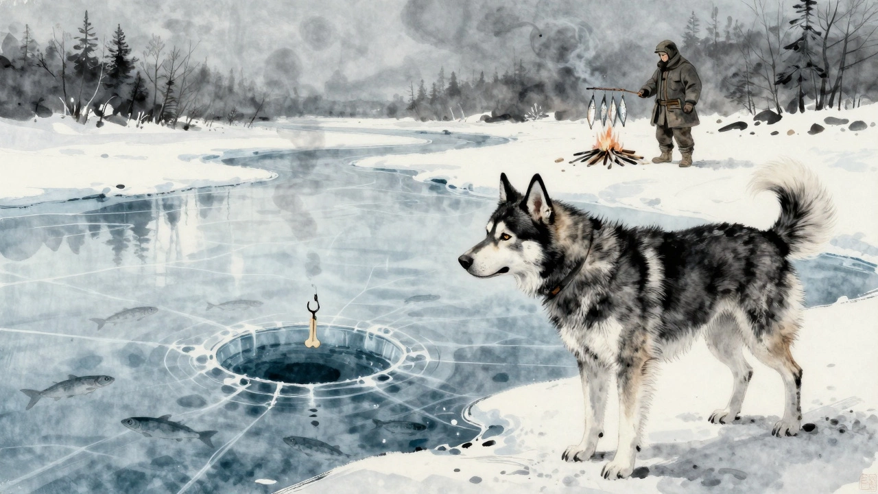 Охотник и собака на льду, удочка в лунке, рыба подо льдом.