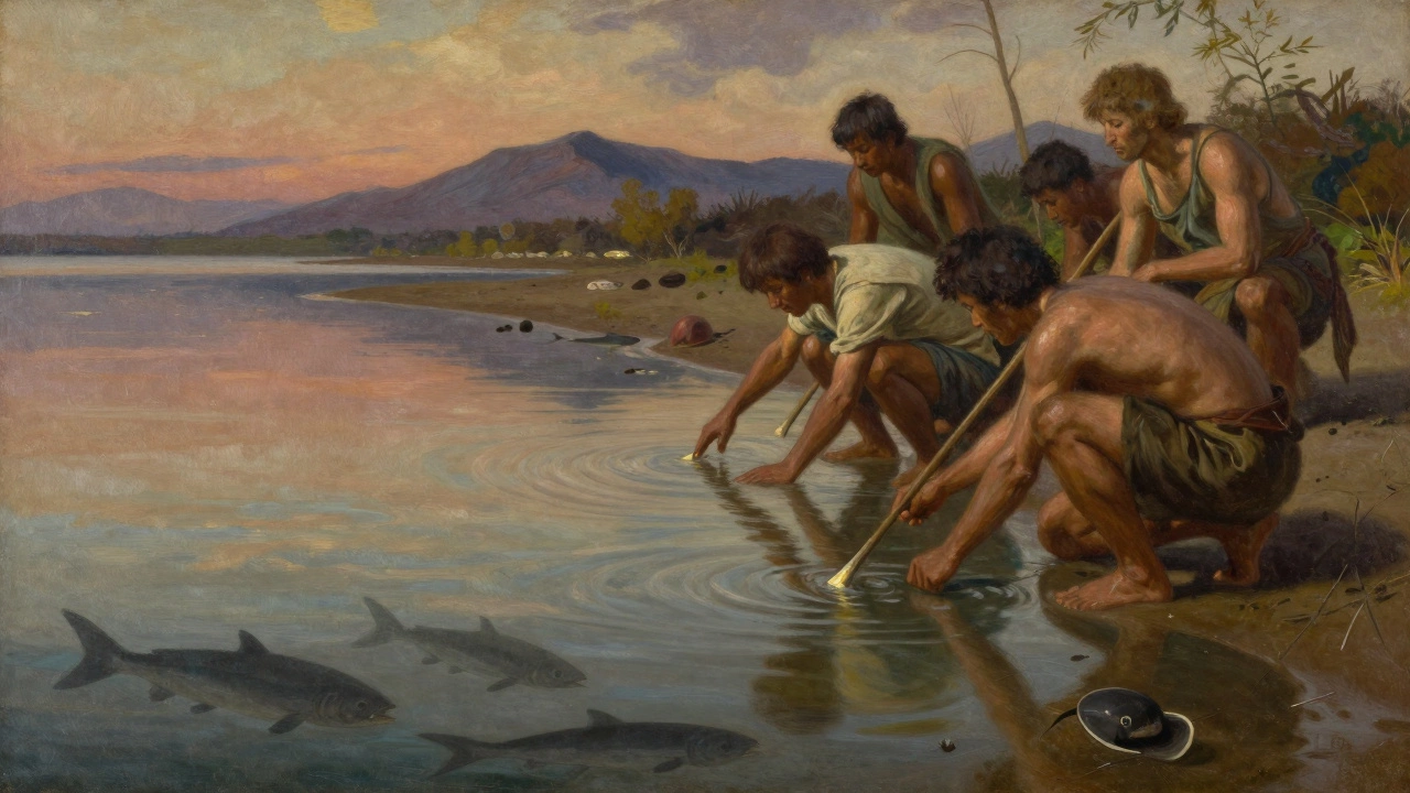 Первобытные люди охотятся на рыб в мелководье, используя костяные копья, вокруг — древние морские существа.