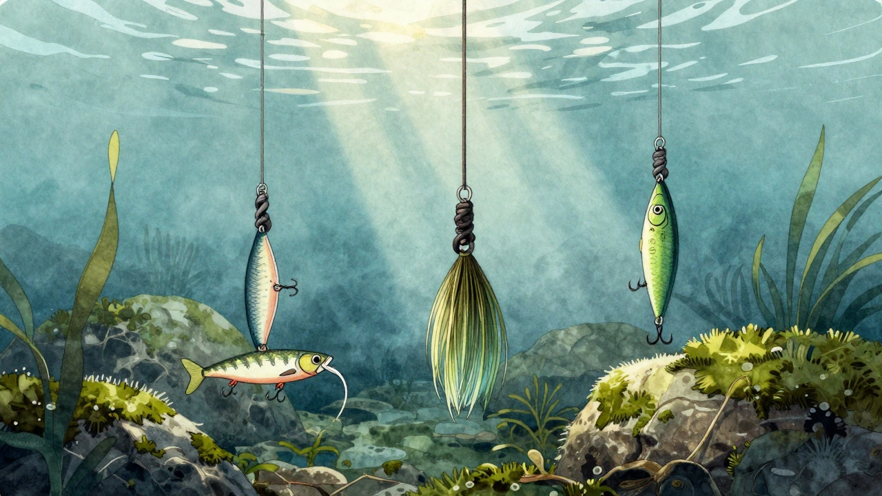 Подводная сцена с тремя типами рыболовных узлов на приманках среди водорослей.