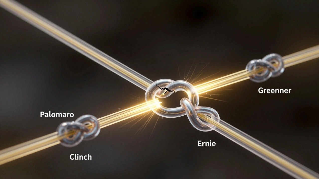 Прозрачная схема напряжения в рыболовных узлах на фоне темной лески с золотыми бликами.