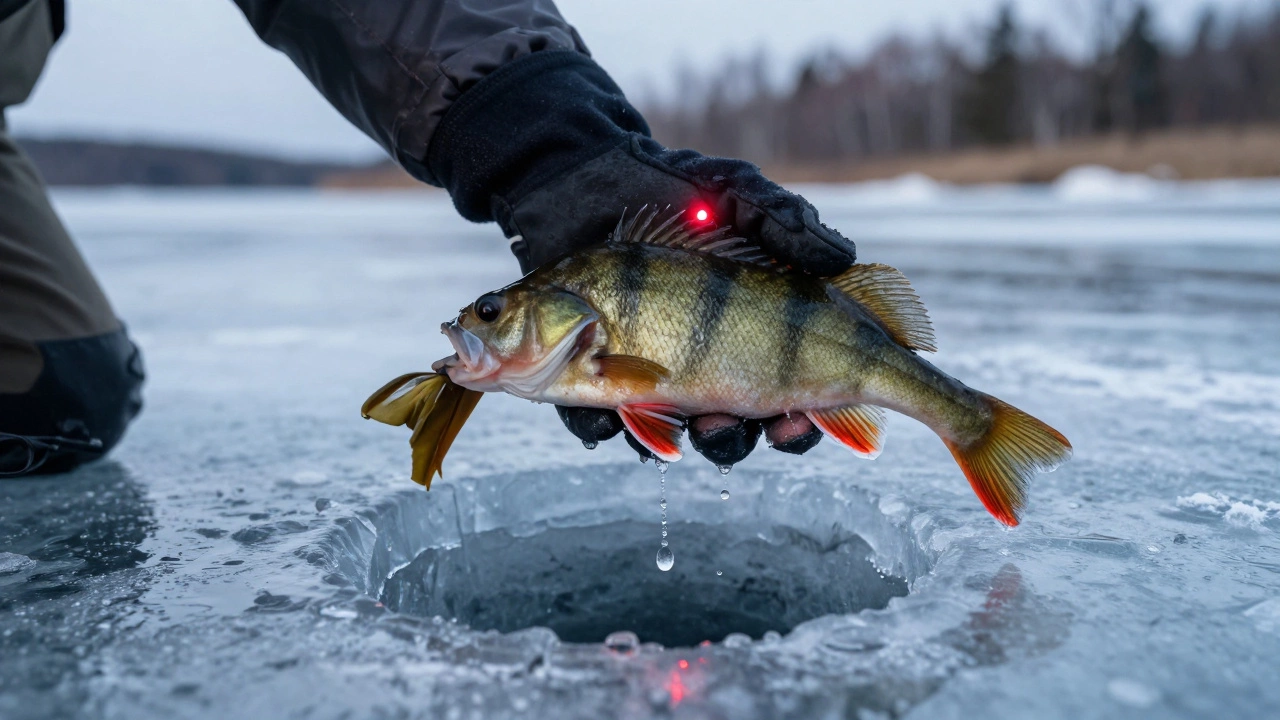 Рука с рыбой, вынутой из лунки, при свете красного фонарика.