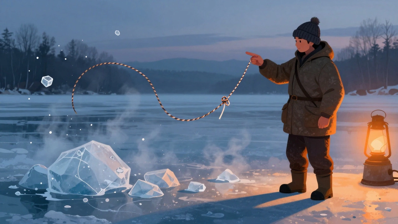 Рыбак одним движением развязывает узел Паломар на плетёнке на замёрзшем озере.