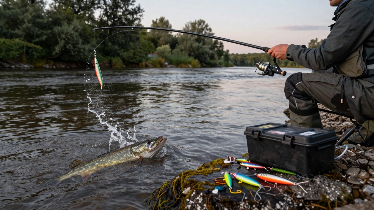 Рыбак забрасывает спиннинг с виброхвостом у каменистого берега реки.