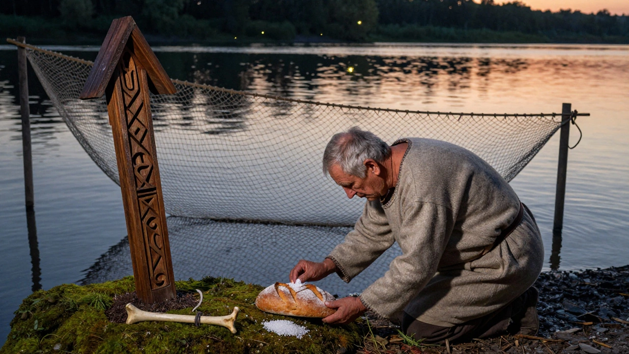 Старец кладёт хлеб и соль на берег реки в сумерках, рядом — сеть и деревянный идол, над водой светятся светлячки.