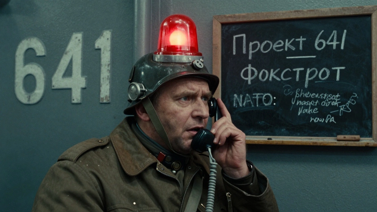 Старый моряк шепчет номер проекта 641 в переговорной трубке, за ним — тусклый номер на корпусе.