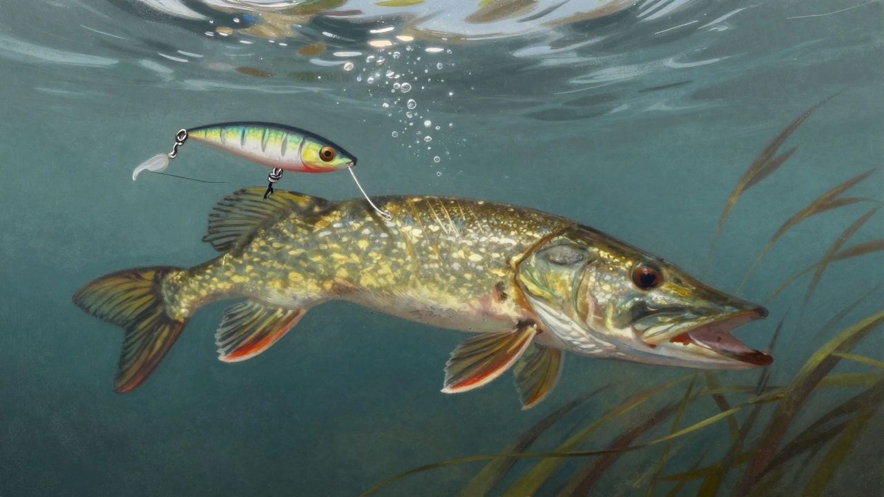Щука атакует блесну, свободно вибрирующую в воде благодаря гибкому узлу.