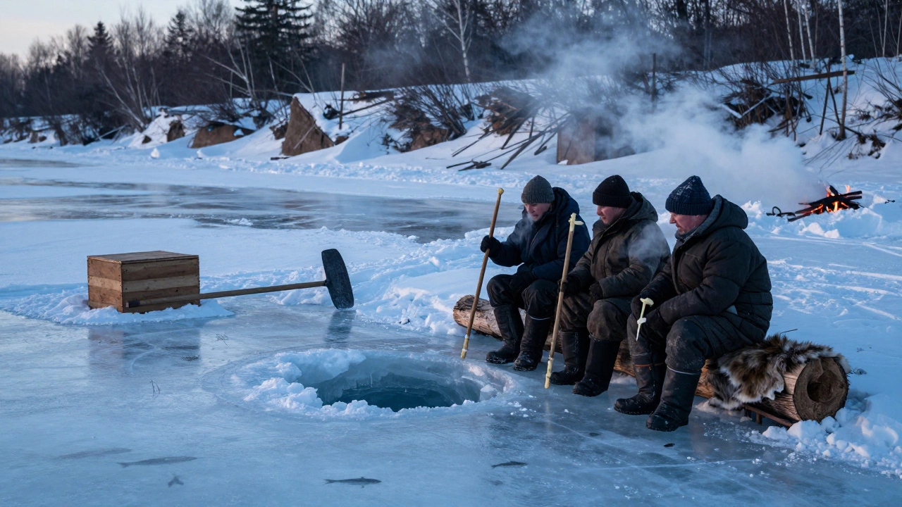 Зимняя рыбалка: трое рыбаков сидят у лунки в льду, используют короткие удочки, рядом ледок и деревянная ловушка.