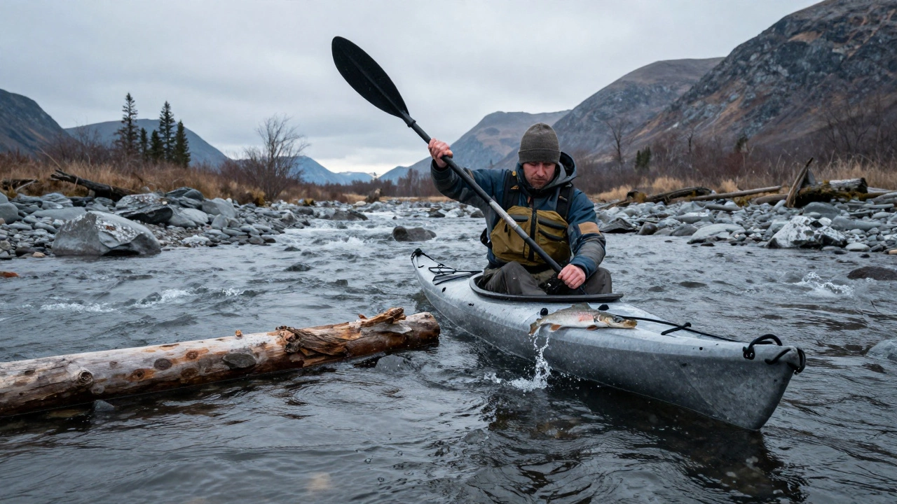 Байдарка в Сибири на быстрой реке с рыбаком, использующим шест.