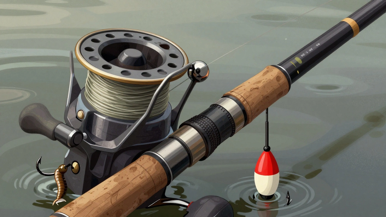 Детальный вид рыболовной снасти: поплавок, грузило, крючок и леска.