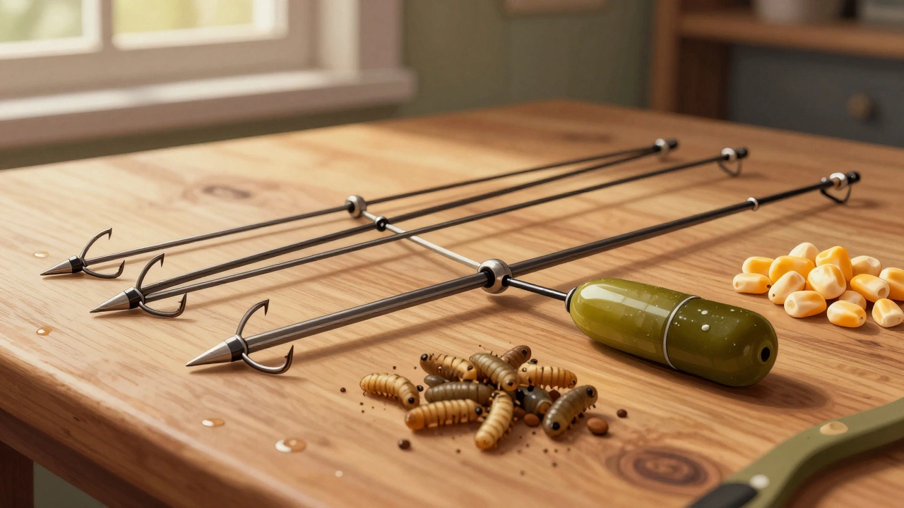 Детальный вид снасти с крючками и наживками на деревянном столе.