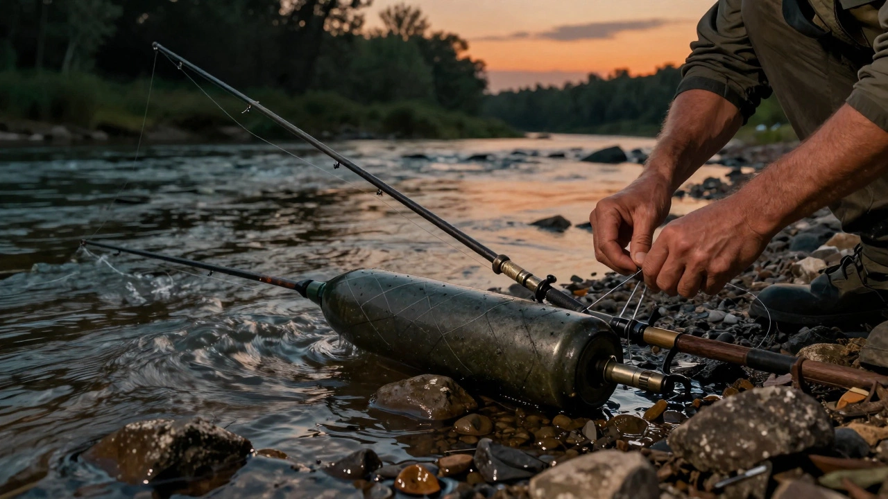 Донка с несколькими крючками лежит на дне реки с грузилом и поводками.