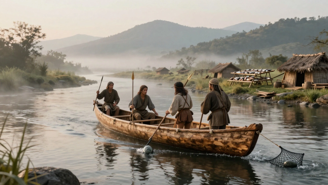 Древняя лодка из ствола дерева ловит рыбу в реке с помощью сетей и каменных грузил.