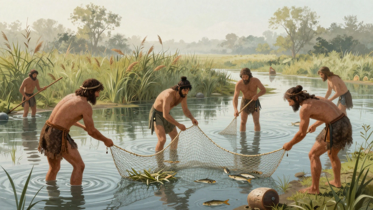 Древние люди ловят рыбу с помощью сетей из растительных волокон с деревянными поплавками и каменными грузилами.