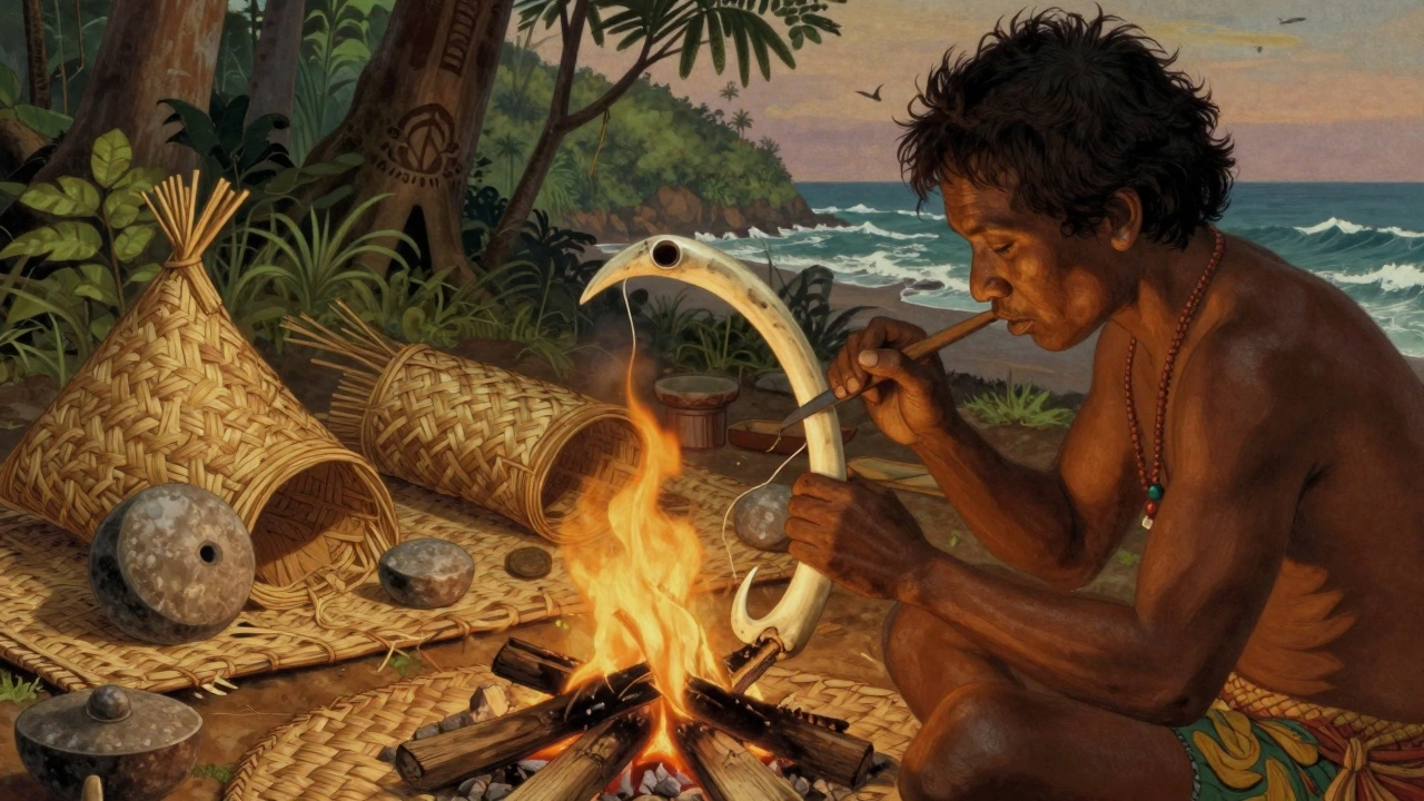 Искусный ремесленник на Сулавеси вырезает костяной рыболовный крючок с отверстием для лески.