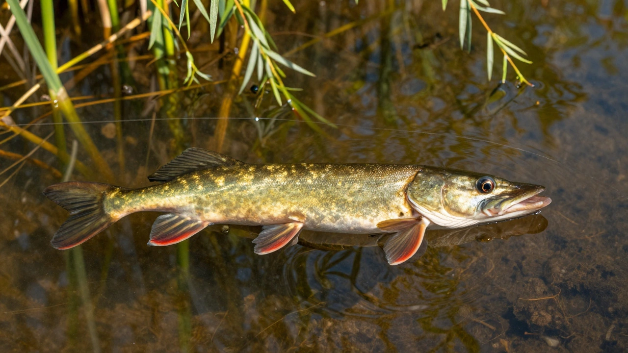 Крупный речной окунь неподвижен в прозрачной воде, вокруг — тонкая леска и отражения солнца.