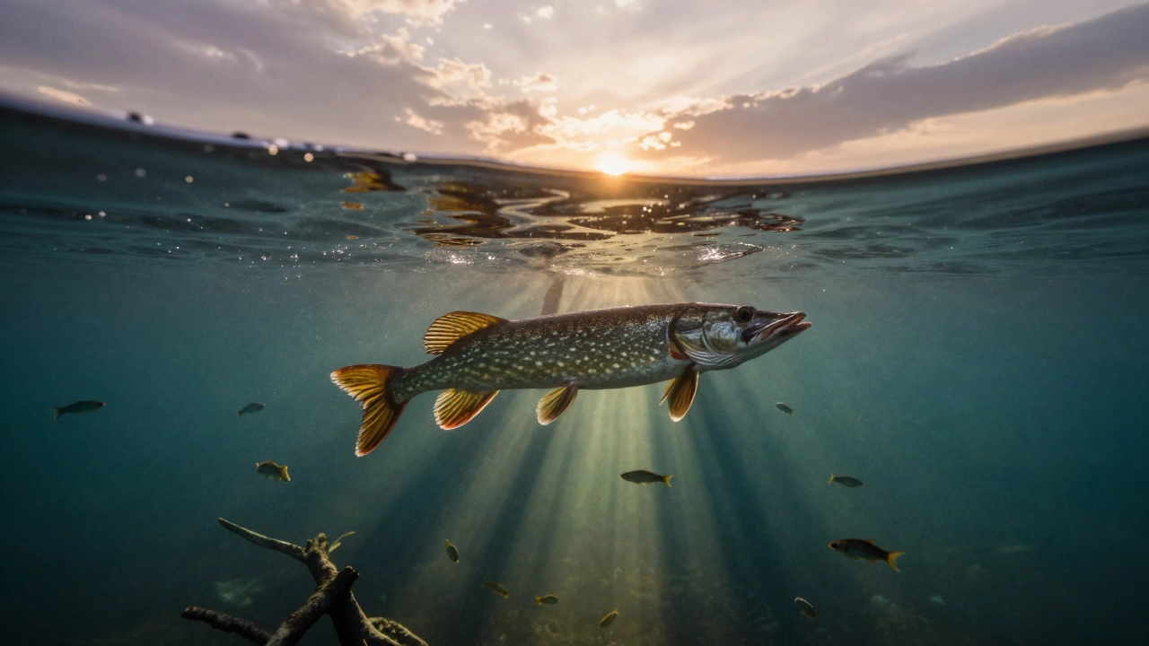 Летом щука охотится на термоклине на глубине 5 метров, поджидая мелкую рыбу.