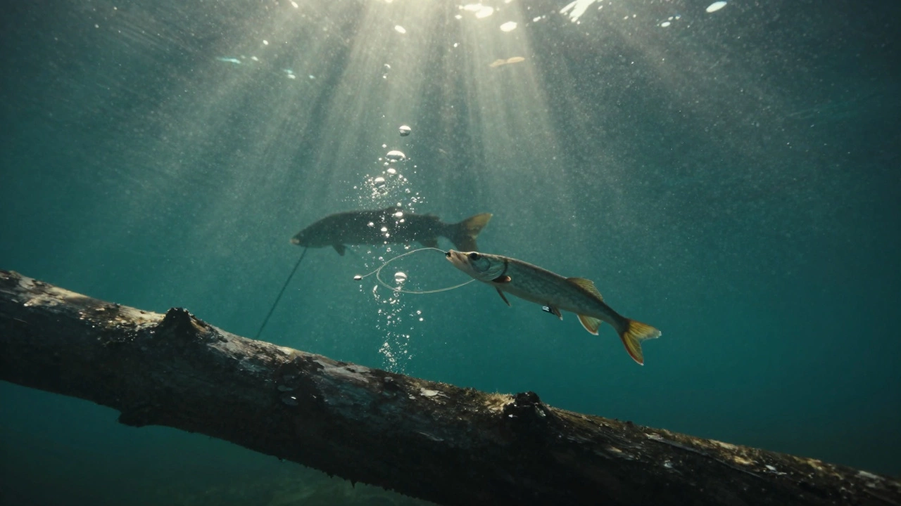 Подводный вид: твистер дрейфует мимо коряги, рядом — тень щуки.