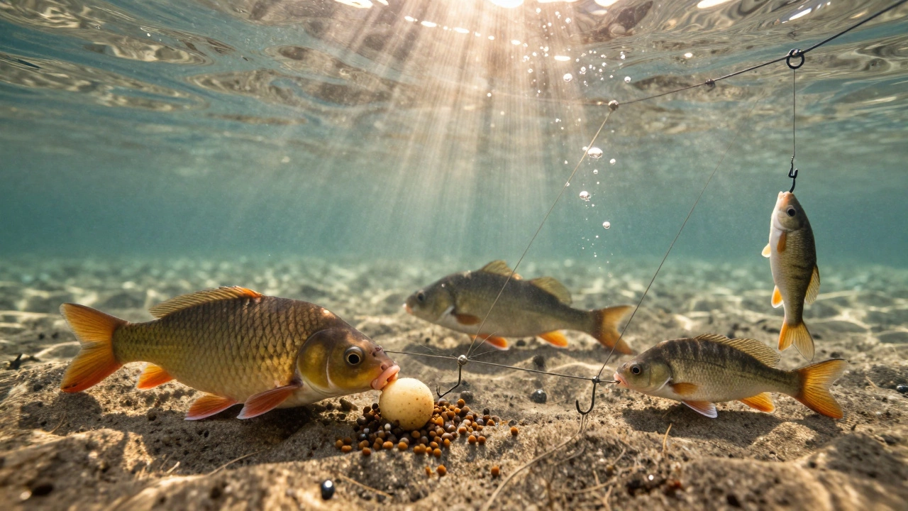 Рыба исследует снасть с несколькими крючками и разными наживками на дне реки.