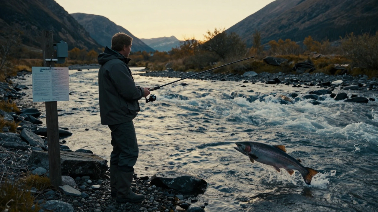 Рыбак на берегу смотрит, как лосось прыгает в бурном потоке, за ним — разрешение на ловлю.