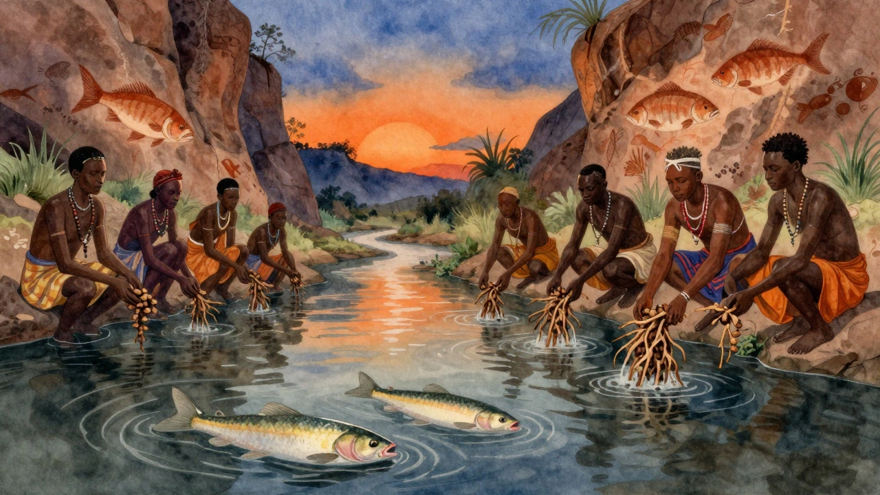 Рыбаки используют отравленные растения, чтобы парализовать рыбу в реке, в окружении наскальных рисунков.