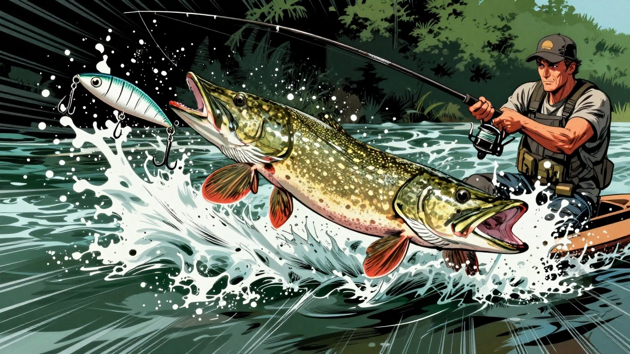 Щука атакует блёсну с тройным крючком в бурном потоке реки.