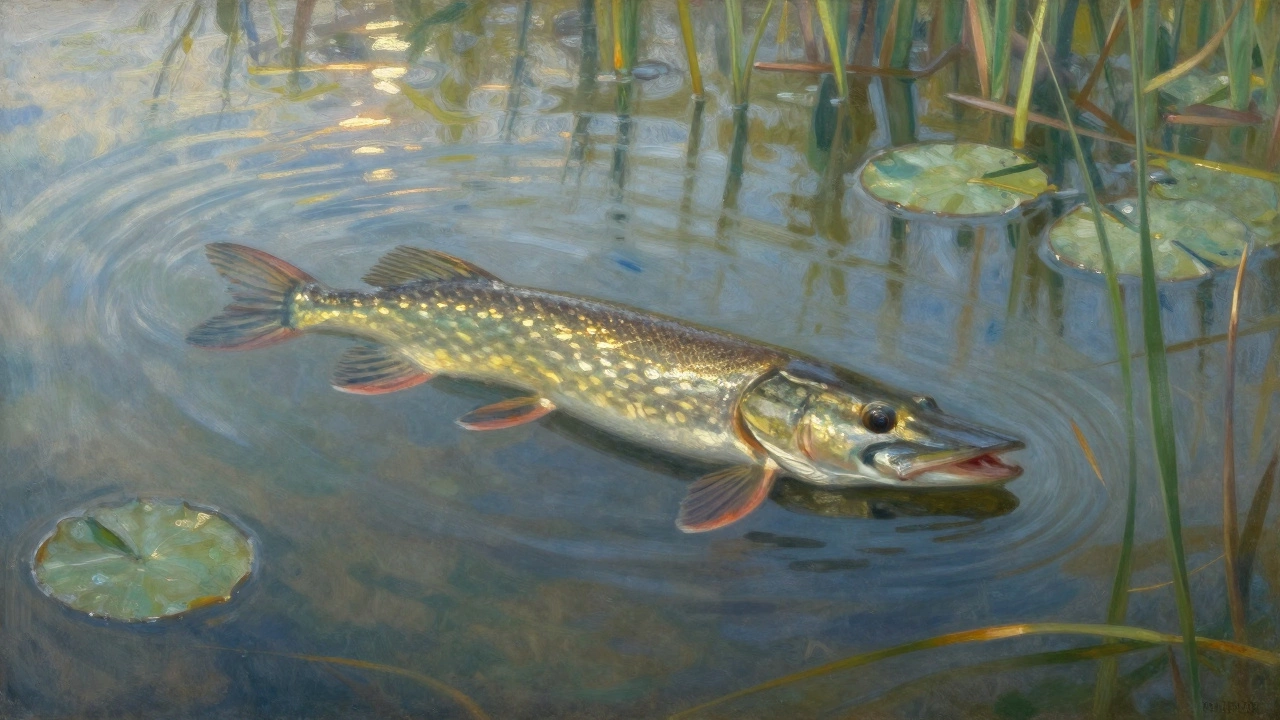 Щука в утренней воде при оптимальной температуре, солнечный свет проникает сквозь воду.