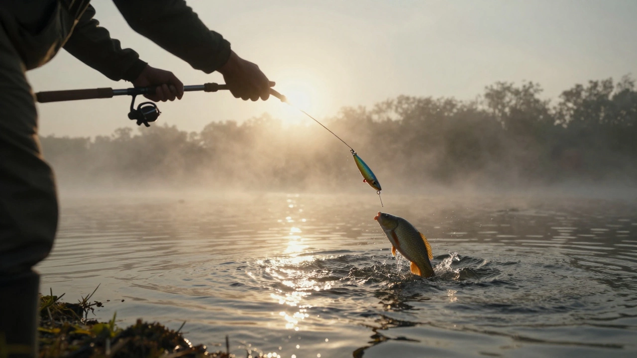 Светоотражающая приманка в рассветных лучах, карась клюёт на поверхности воды.
