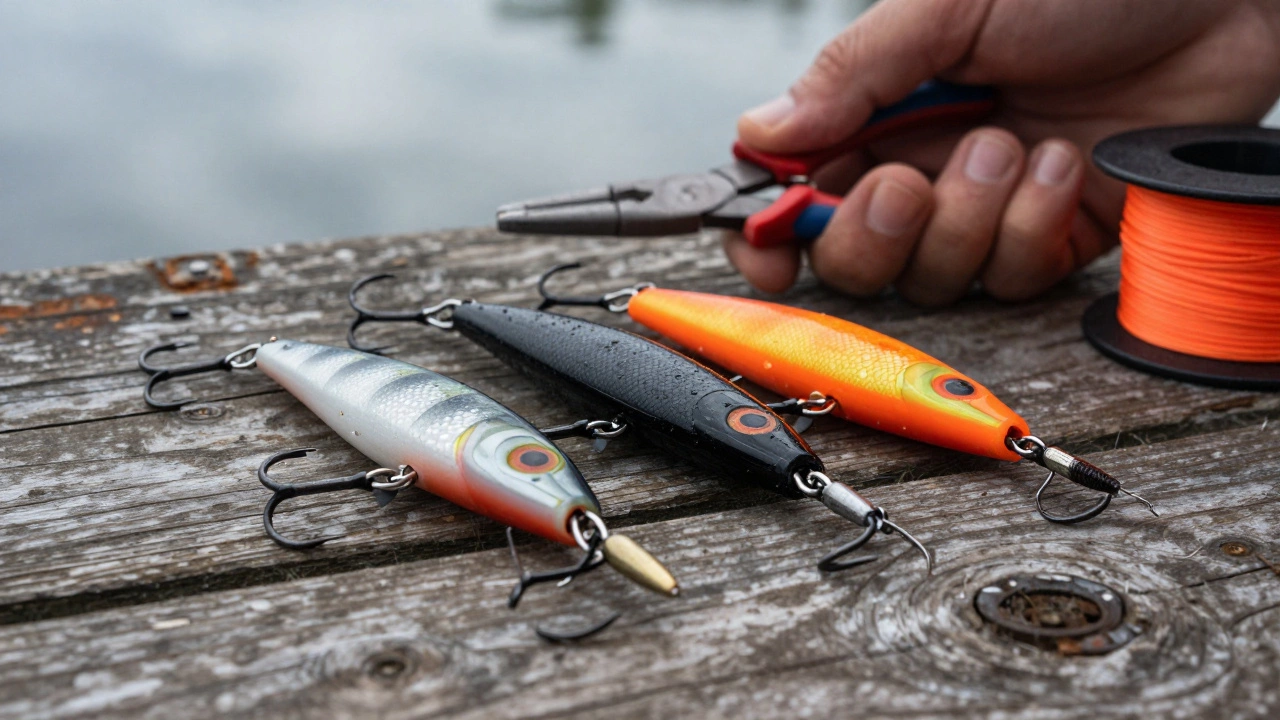 Три твистера разных цветов на деревянном причале с джиг-головками и снастями.