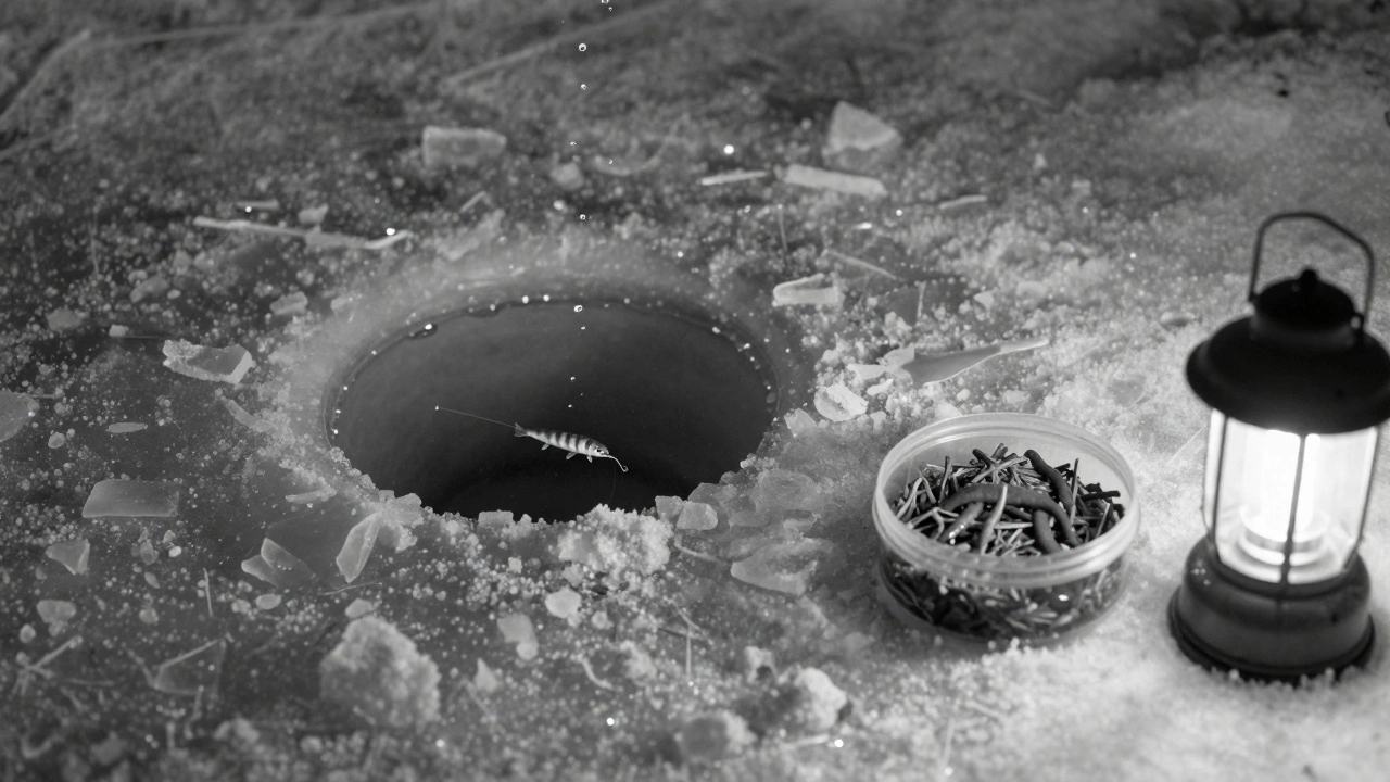 Зимняя ловля через ледяную дыру: тонкая мормышка колышется в воде, над ней поднимаются пузырьки углекислого газа.