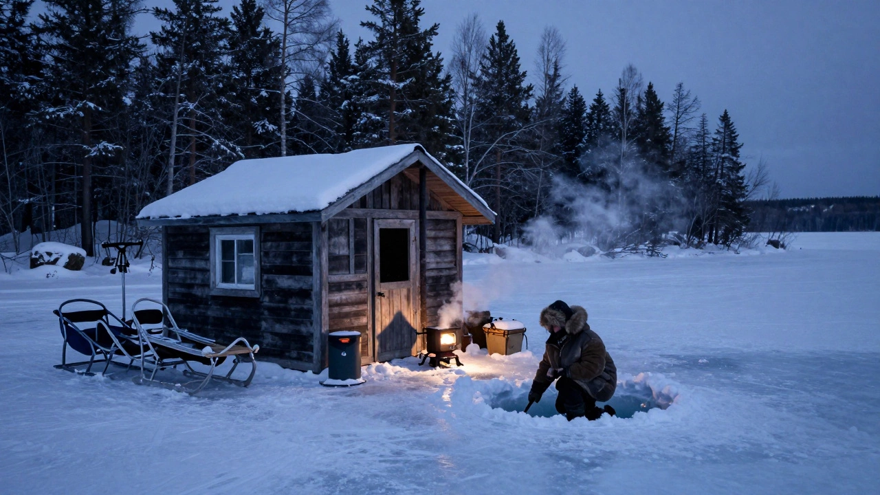 Зимняя рыбачья хижина на льду озера при сумеречном свете.