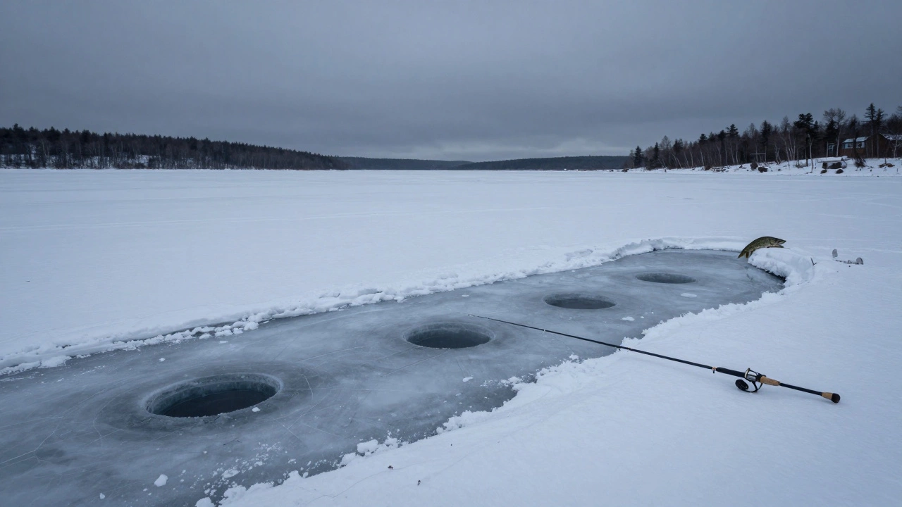 Зимой щука держится у края ямы, и рыбаки ловят её через лунки вдоль перепада глубин.