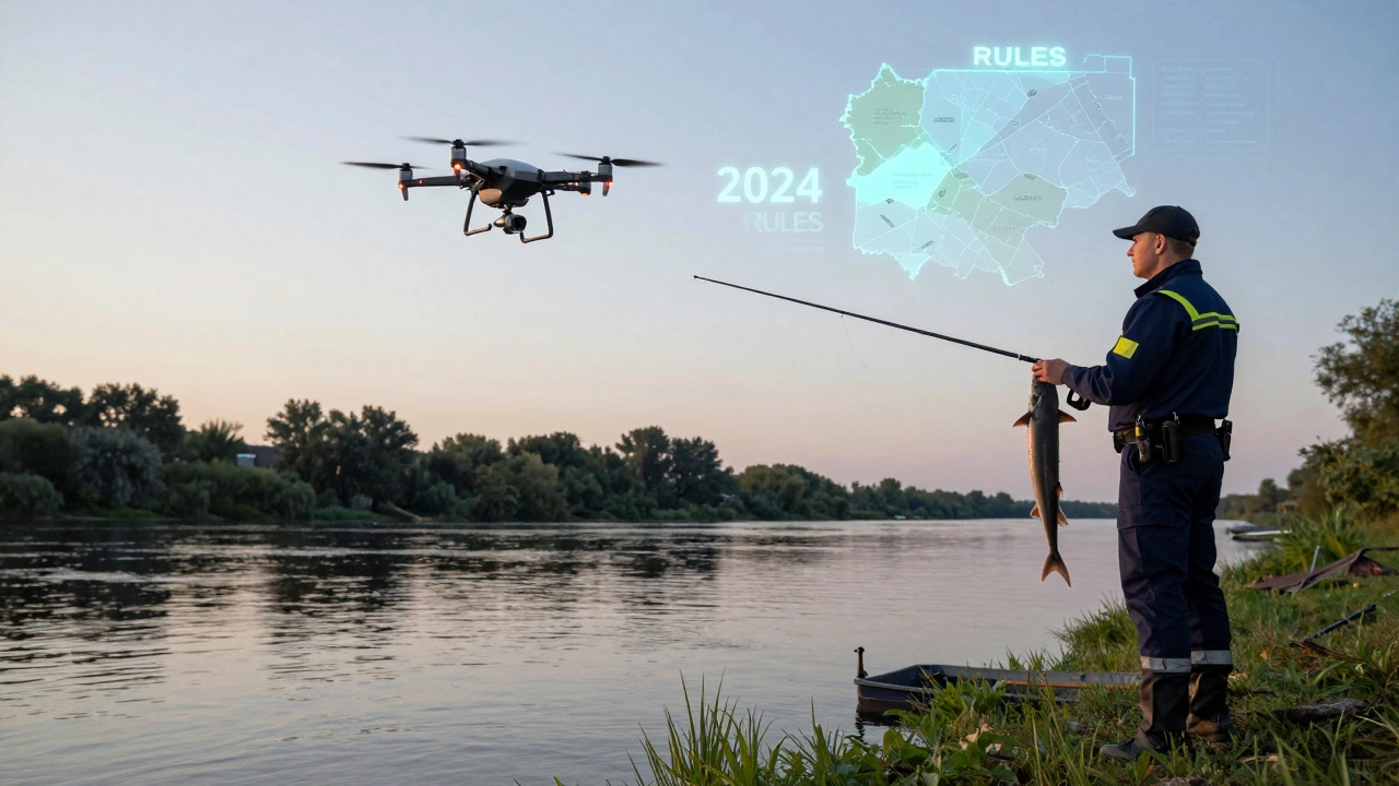 Инспектор использует дрон для наблюдения за рекой, а рыбак держит стерлядь на фоне цифровой карты правил.