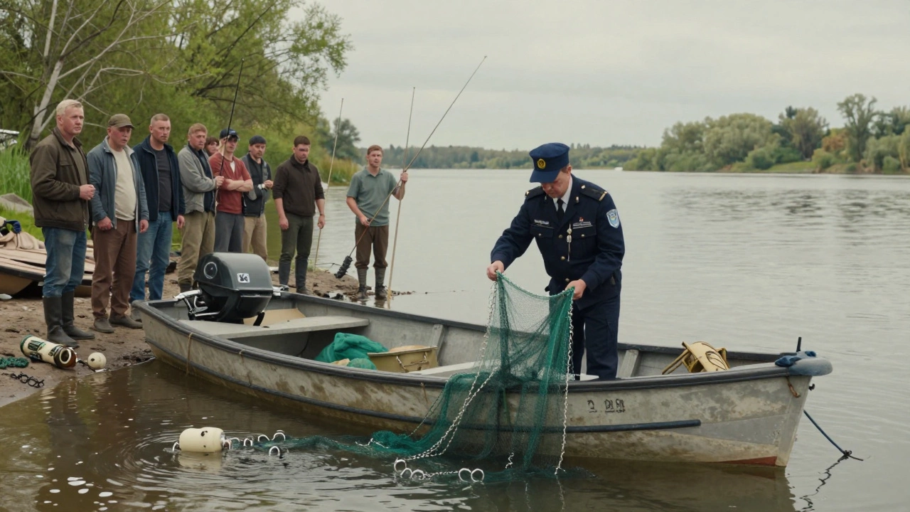 Инспектор забирает нелегальные сети с лодки, рыбаки наблюдают на берегу.