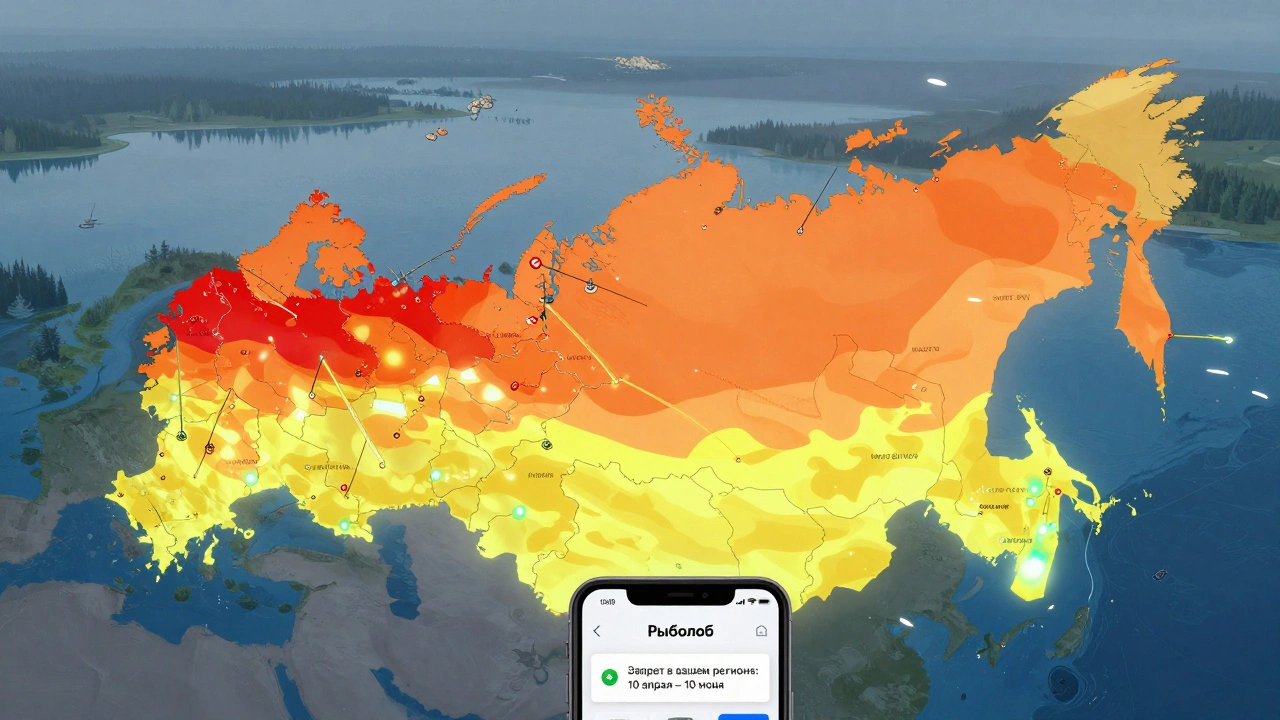Интерактивная карта России с цветовыми зонами запретов на рыбалку и смартфон с приложением.