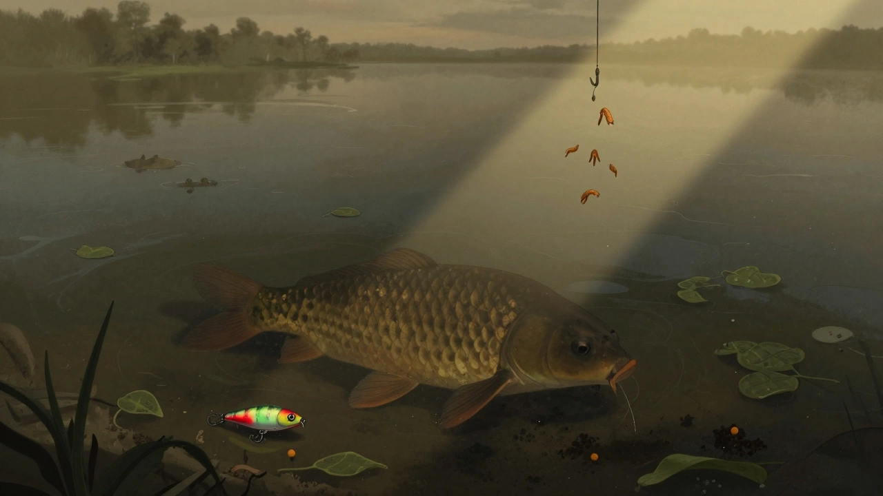 Карась кормится на дне в мутном пруду, игнорируя искусственную приманку рядом с живой наживкой.