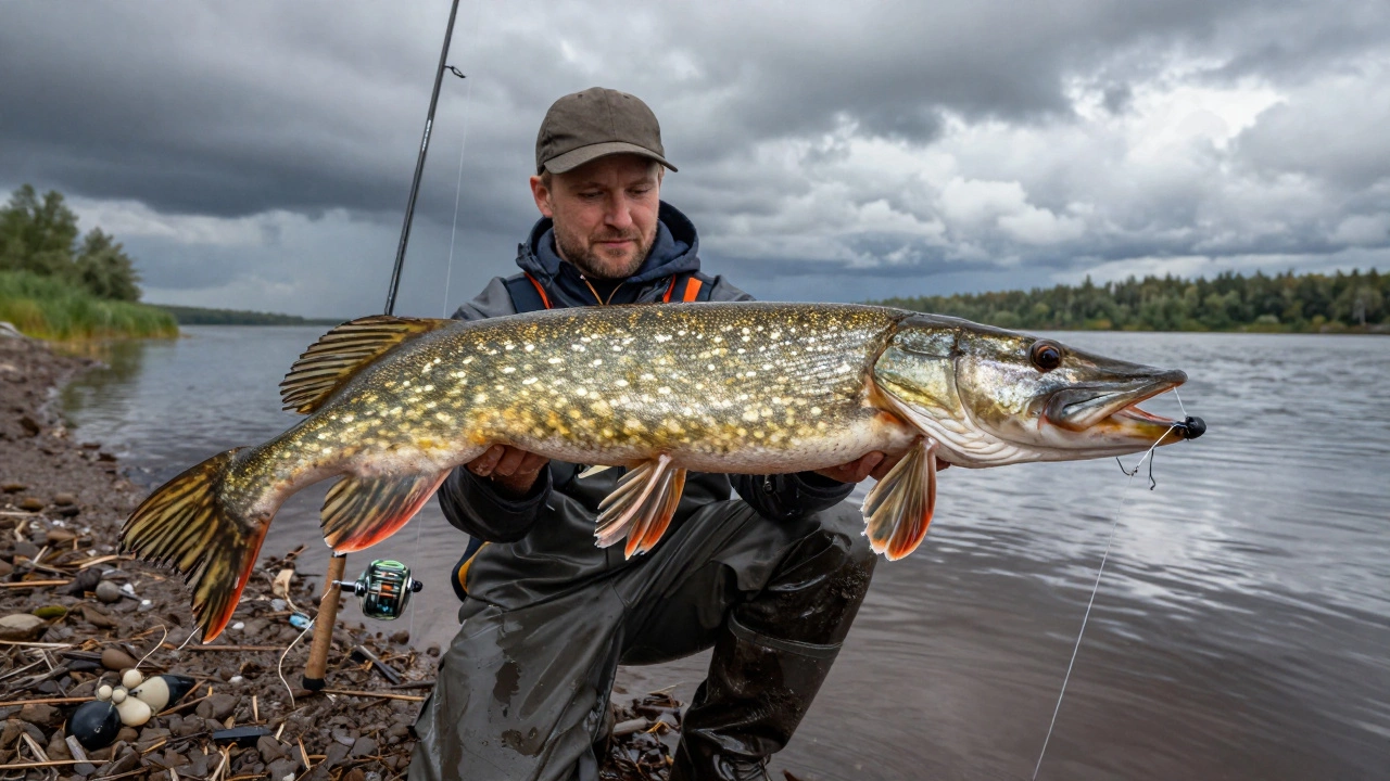 Крупная щука на берегу реки, узел Бейс крепит тяжелый груз, леска натянута.