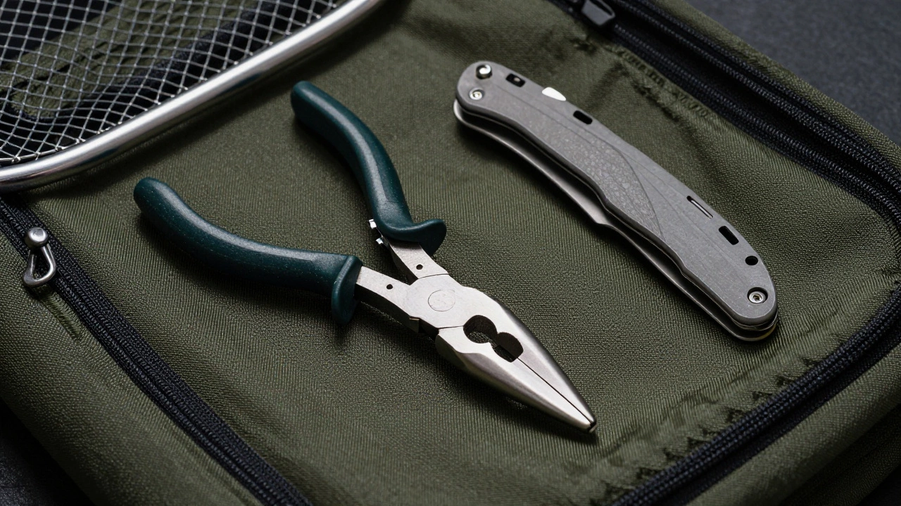 Необходимые аксессуары для рыбалки: кусачки, нож и кукер на сумке.